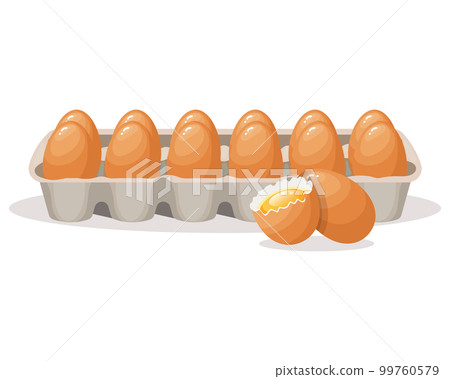 Fresh eggs in a cardboard container and a broken egg, chicken eggs in a box. Food illustration, vector 99760579