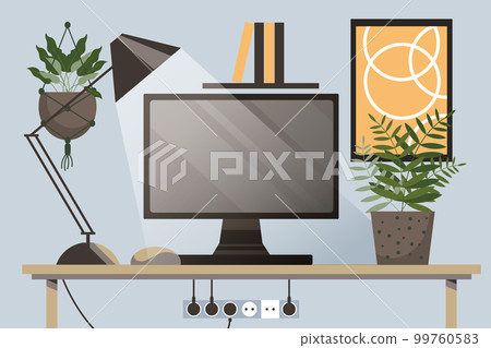 Home office concept, workspace. Computer monitor, table lamp, house plants, books on the shelf and wall posters. Background, vector 99760583
