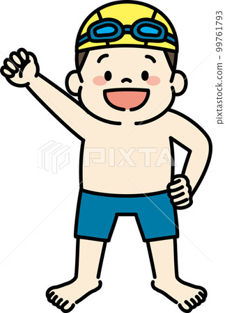 Illustration of a boy in a bathing suit who is enthusiastic about swimming 99761793