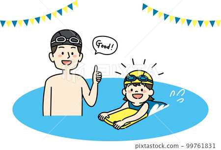 Illustration of a girl and a coach learning to swim at a swimming school Illustration of a girl and a coach learning to swim at a swimming school 99761831