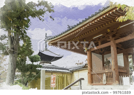 Watercolor-style Eifuku-ji Nandaimon Gate, Taishi-cho, Minamikawachi-gun, Osaka 99761889