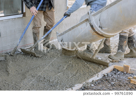 Concrete mixing truck pours concrete for paving around new house as it is being mixed 99761890