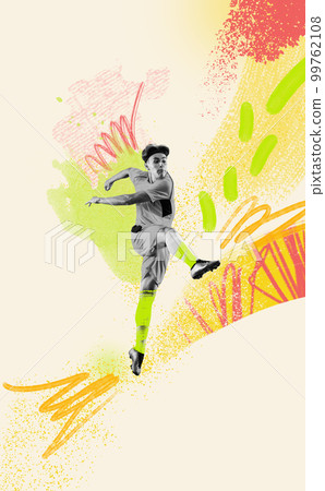 Creative design with young man, soccer player in motion with football ball. Kicking ball. Concept of creativity, action, energy, sport, competition and ad. 99762108
