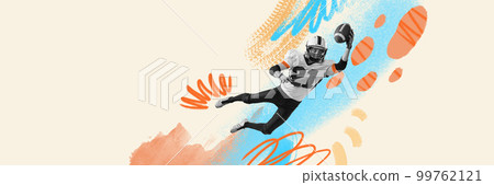 Contemporary art collage. Dynamic portrait of american football player in uniform training, catching ball. Retro style. Concept of sport, vintage, 20s, fashion, action Contemporary art collage. Dynamic portrait of american football player in uniform training, catching ball. Retro style. Concept of sport, vintage, 20s, fashion, action 99762121