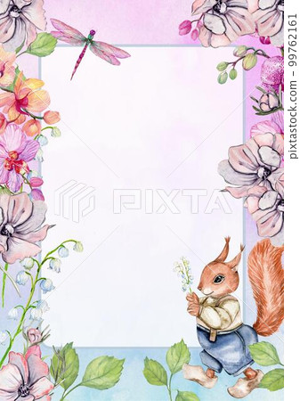 Hand drawn watercolor border template with flowers. Illustration of watercolor , flowers, plants and greeting frame. Pictures for poster, invitation, postcard, background and scrapbook. 99762161