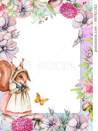 Hand drawn watercolor border template with flowers. Illustration of watercolor , flowers, plants and greeting frame. Pictures for poster, invitation, postcard, background and scrapbook. 99762162