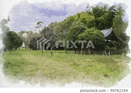 Watercolor-style Tsuho-ji Temple grounds, birthplace of Kawachi Genji, Habikino City, Osaka Prefecture 99762284