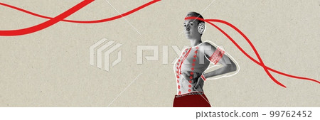 Contemporary art collage. Young slender girl posing in drawing outfit in Ukrainian traditional costume style. Creative design with drawings. Sketches. Contemporary art collage. Young slender girl posing in drawing outfit in Ukrainian traditional costume style. Creative design with drawings. Sketches. 99762452