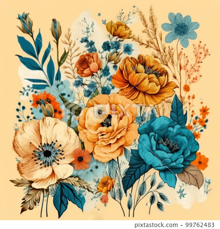 Teal, blue and yellow watercolor flowers with green stems and leaves. Realistic art background. 99762483