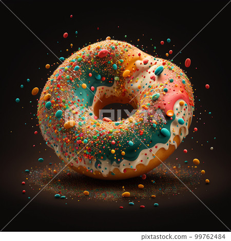 Cute, colorful and glossy donut with colorful glaze and multicolored decoration. Donut on black background. 99762484