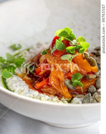 Marinated Roasted Peppers with Truffle Ricotta and Anchovy Oil, Vegetable Salad 99763587