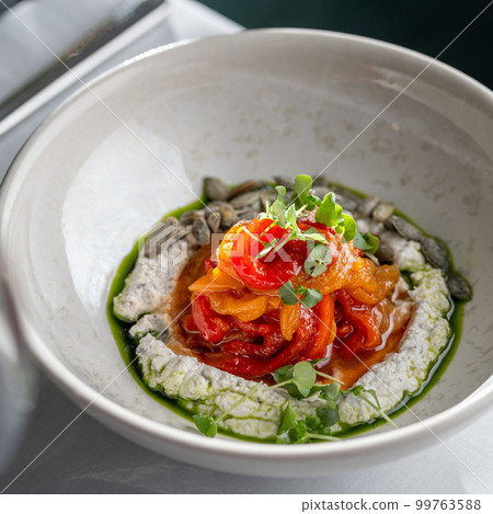 Marinated Roasted Peppers with Truffle Ricotta and Anchovy Oil, Vegetable Salad 99763588