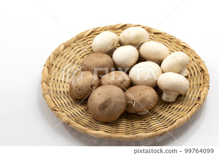 白色和棕色蘑菇排成一個圓圈，背景為白色 99764099