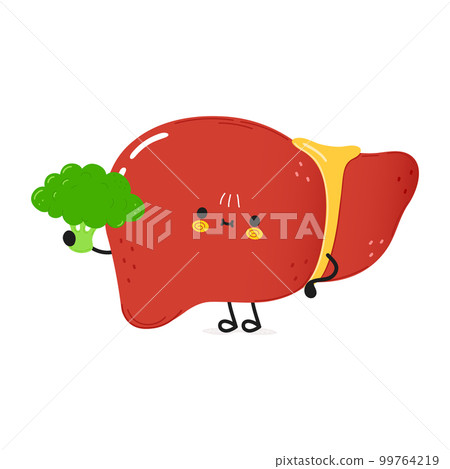 Cute liver with broccoli. Vector hand drawn doodle style cartoon character illustration icon design. Card with cute happy liver Cute liver with broccoli. Vector hand drawn doodle style cartoon character illustration icon design. Card with cute happy liver 99764219