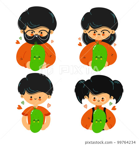 Cute funny family hold cucumber in hand. Family hugs cute multicolored cucumber. Isolated on white background Cute funny family hold cucumber in hand. Family hugs cute multicolored cucumber. Isolated on white background 99764234