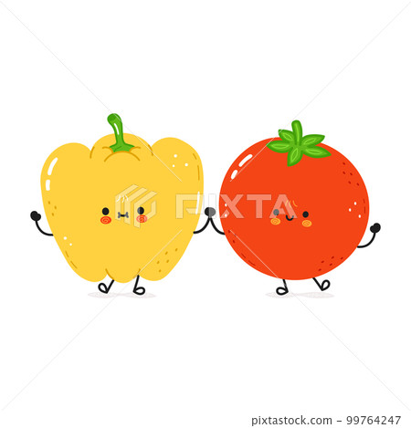 Yellow pepper and tomato card. Vector hand drawn doodle style cartoon character illustration icon design. Happy green pepper and tomato friends concept card Yellow pepper and tomato card. Vector hand drawn doodle style cartoon character illustration icon design. Happy green pepper and tomato friends concept card 99764247