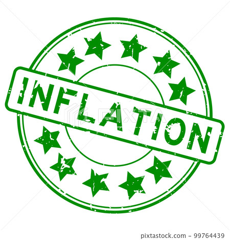 Grunge green inflation word with star icon round rubber seal stamp on white background 99764439