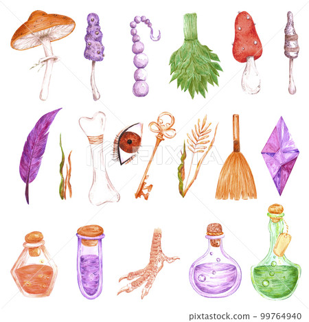 Watercolor magical things equipment. Isolated on white background. Scrapbook, post card, banner, lable. Watercolor magical things equipment. Isolated on white background. Scrapbook, post card, banner, lable. 99764940
