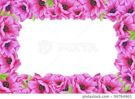 Hand drawn watercolor pink anemone flower frame with green leaves. Isolated on white background. Scrapbook, post card, banner, lable. Hand drawn watercolor pink anemone flower frame with green leaves. Isolated on white background. Scrapbook, post card, banner, lable. 99764965