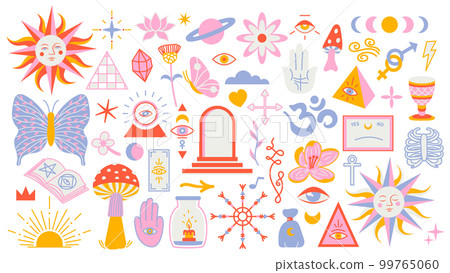 Magic background groovy in retro trend style with clipart elements. mystical vector isolated pattern. editable stroke clipart stickers. Esoteric element witchcraft. Collection of occult symbols y2k 99765060