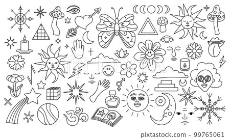 Magic background in retro style with hand drawn elements. Decorative mystical vector isolated pattern. editable stroke stickers. Esoteric element in minimalism. Collection of occult symbols tattoo art 99765061