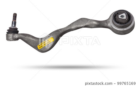 Curved metal chassis arm lever with ball and rubber-metal joint with bushings - silent block on a white isolated background. Detail for suspension repair in a workshop or garage. Curved metal chassis arm lever with ball and rubber-metal joint with bushings - silent block on a white isolated background. Detail for suspension repair in a workshop or garage. 99765169