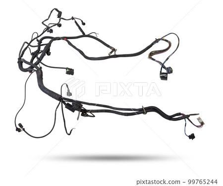 A cable of matted wires of different colors with connectors in the electrical wiring of the car. Internet line in the work of the provider. A cable of matted wires of different colors with connectors in the electrical wiring of the car. Internet line in the work of the provider. 99765244