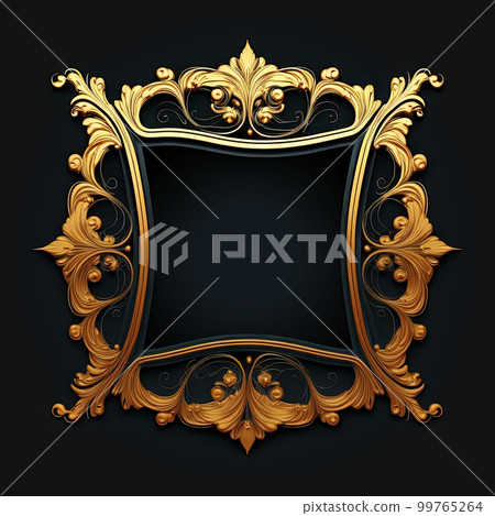Golden ornamental frame on black bakcground. Retro golden frame with vintage ornament. Generative AI. 99765264