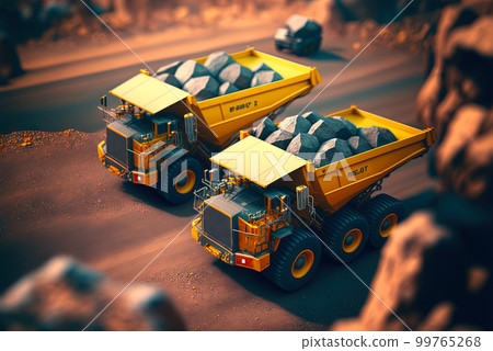 Dump truck for heavy industry mining. Ore or coal mining site with huge yellow vehicles. Industrial transport. Generated AI. 99765268