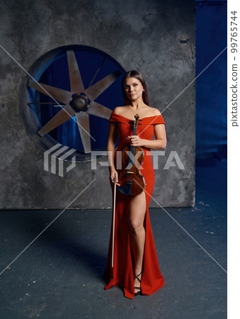 Portrait of female musician holding violin in hands Portrait of female musician holding violin in hands 99765744