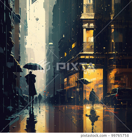 Night city in the rain with reflections on wet street. Night city in the rain with reflections on wet street. 99765758