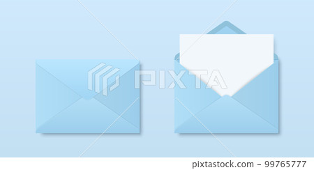 Vector Realistic Blank Blue Closed, Opened Envelopes with Letter Inside. Folded, Unfolded White Envelope Icon, Mockup Set Closeup Isolated. Message, Alert, Congratulations, Surprise, Secret Concept 99765777