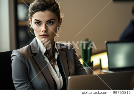 在筆記本電腦上工作的美女 99765815