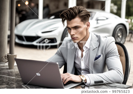 Man working on a laptop, outdoors 99765823