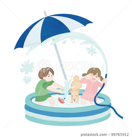孩子們在乙烯基游泳池玩耍（帶雨傘） 99765912