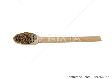 Valerian herb root on wooden spoon isolated on white background. Valeriana officinalis. used in herbal medicine as a tranquillizer and to treat insomnia, anxiety, hypertension, pain relief. 99766036