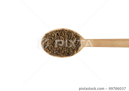 Valerian herb root on wooden spoon isolated on white background. Valeriana officinalis. used in herbal medicine as a tranquillizer and to treat insomnia, anxiety, hypertension, pain relief. 99766037