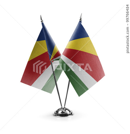 Small national flags of the Seychelles on a white background 99766484