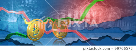 bullish try stopped by bearish jpy or cny. foreign exchange market 3d illustration of turkish lira to japanese yen or chinese yuan. currency represented as golden coins 99766573