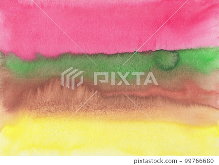 Watercolor colorful striped background texture. Yellow, pink, brown, green stripes on paper. Bright watercolour stains, hand painted 99766680