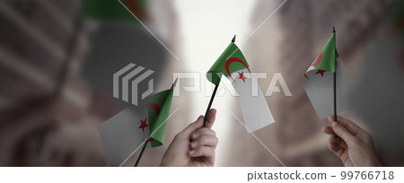 A group of people holding small flags of the Algeria in their hands A group of people holding small flags of the Algeria in their hands 99766718