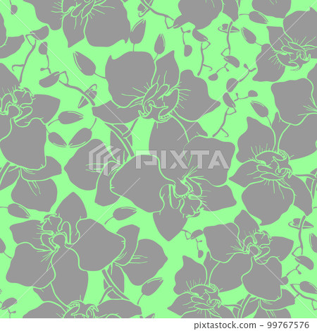 seamless pattern of large gray silhouettes of orchids on a green background, texture, design seamless pattern of large gray silhouettes of orchids on a green background, texture, design 99767576
