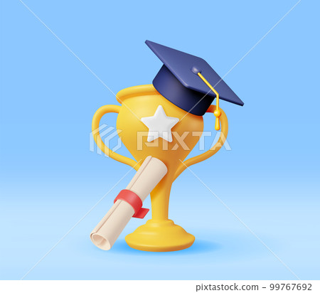 3D Gold Trophy, Diploma and Graduation Cap 99767692