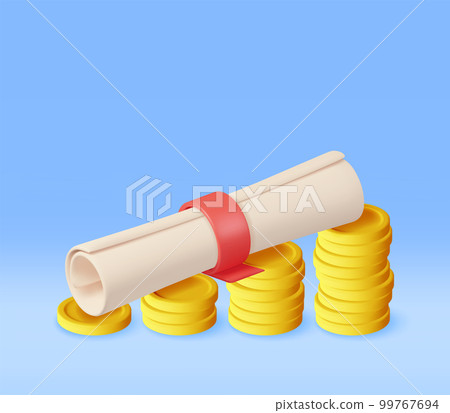 3D Graduation Diploma Scroll and Gold Coin Stacks 99767694