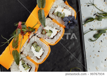 Sushi Set With Salmon, Tuna, Shrimp, Eel, Caviar, Soy Sauce