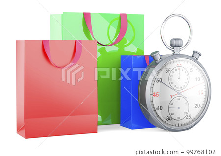 Shopping bags with stopwatch, 3D rendering Shopping bags with stopwatch, 3D rendering 99768102