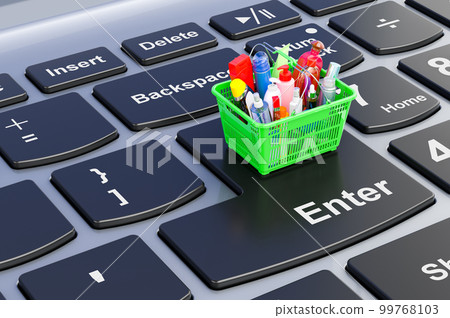 Shopping basket with cosmetic products on laptop keyboard, 3D rendering Shopping basket with cosmetic products on laptop keyboard, 3D rendering 99768103