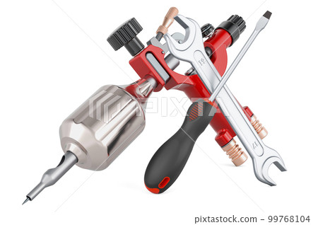 Tattoo machine with screwdriver and wrench, 3D rendering 99768104