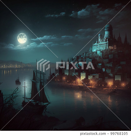 Fabulous night landscape of the ancient city, night, moon, an old ship sails along the river, a fortress, a church and houses on the mountain. Lovely background, wallpaper Fabulous night landscape of the ancient city, night, moon, an old ship sails along the river, a fortress, a church and houses on the mountain. Lovely background, wallpaper 99768105