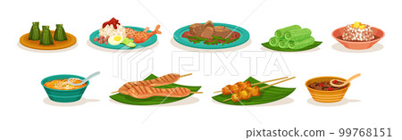 Traditional Malaysian Dishes and Served Food Vector Set 99768151